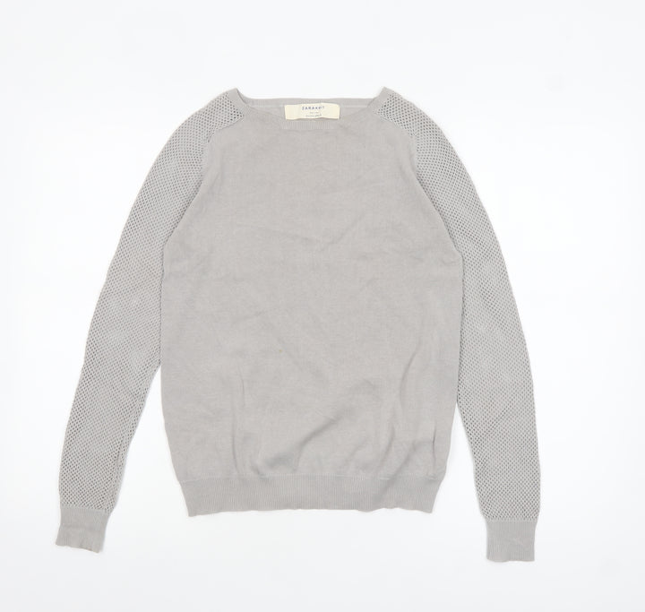 Zara Knit Women's Grey Cotton Crew Neck Long Sleeve Pullover Jumper Size 8