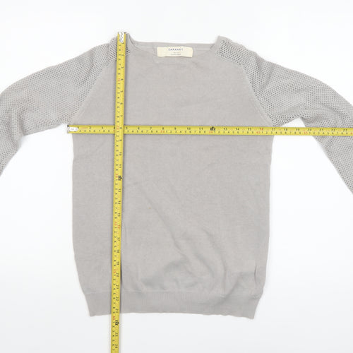 Zara Knit Women's Grey Cotton Crew Neck Long Sleeve Pullover Jumper Size 8
