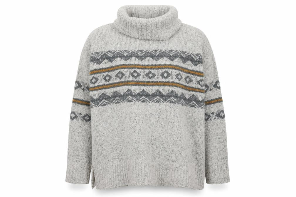 Front view of Weird Fish unisex grey fair isle roll neck knit jumper, size 10