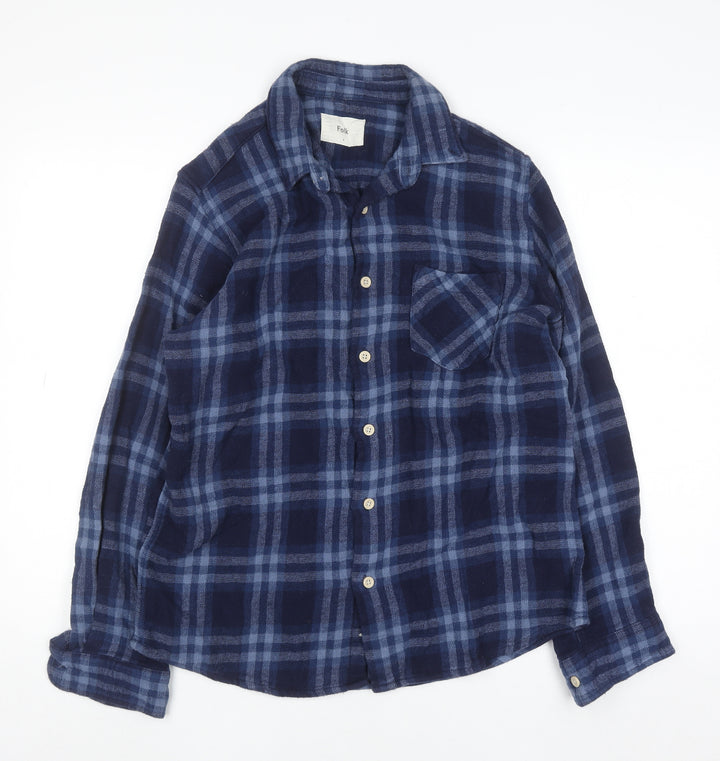 Folk Men's Blue Checked Cotton Button-Up Shirt Size L