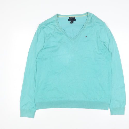 Tommy Hilfiger Women's Green V-Neck Cotton Blend Jumper XL