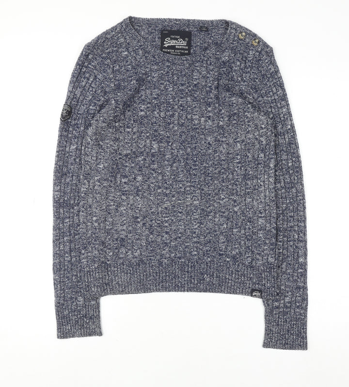 Superdry Women's Blue Cable-Knit Crew Neck Jumper Medium