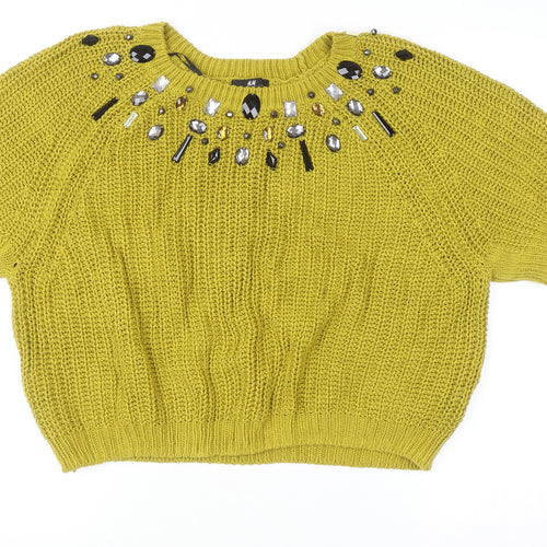 H&M Women's Yellow Beaded Knit Cropped Sweater Size L