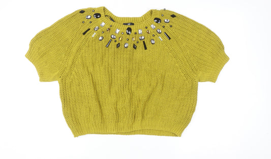 H&M Women's Yellow Beaded Knit Cropped Sweater Size L
