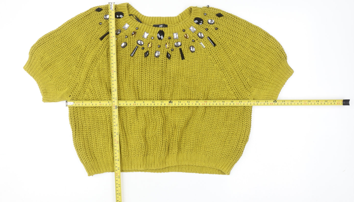 H&M Women's Yellow Beaded Knit Cropped Sweater Size L