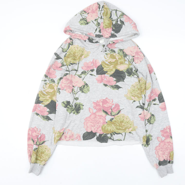 H&M Womens Grey Floral Pullover Hoodie XS Cotton Blend