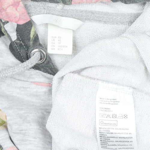 H&M Womens Grey Floral Pullover Hoodie XS Cotton Blend