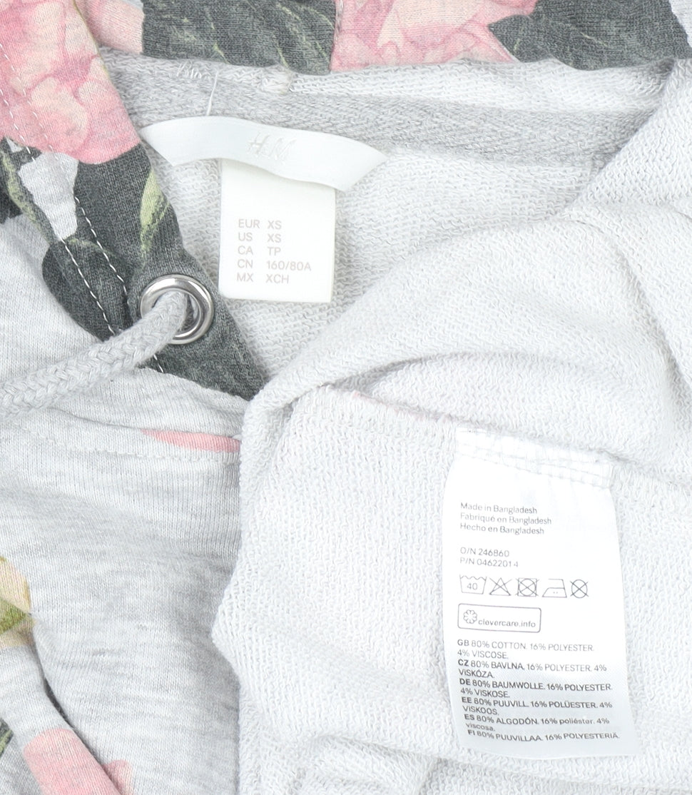 H&M Womens Grey Floral Pullover Hoodie XS Cotton Blend