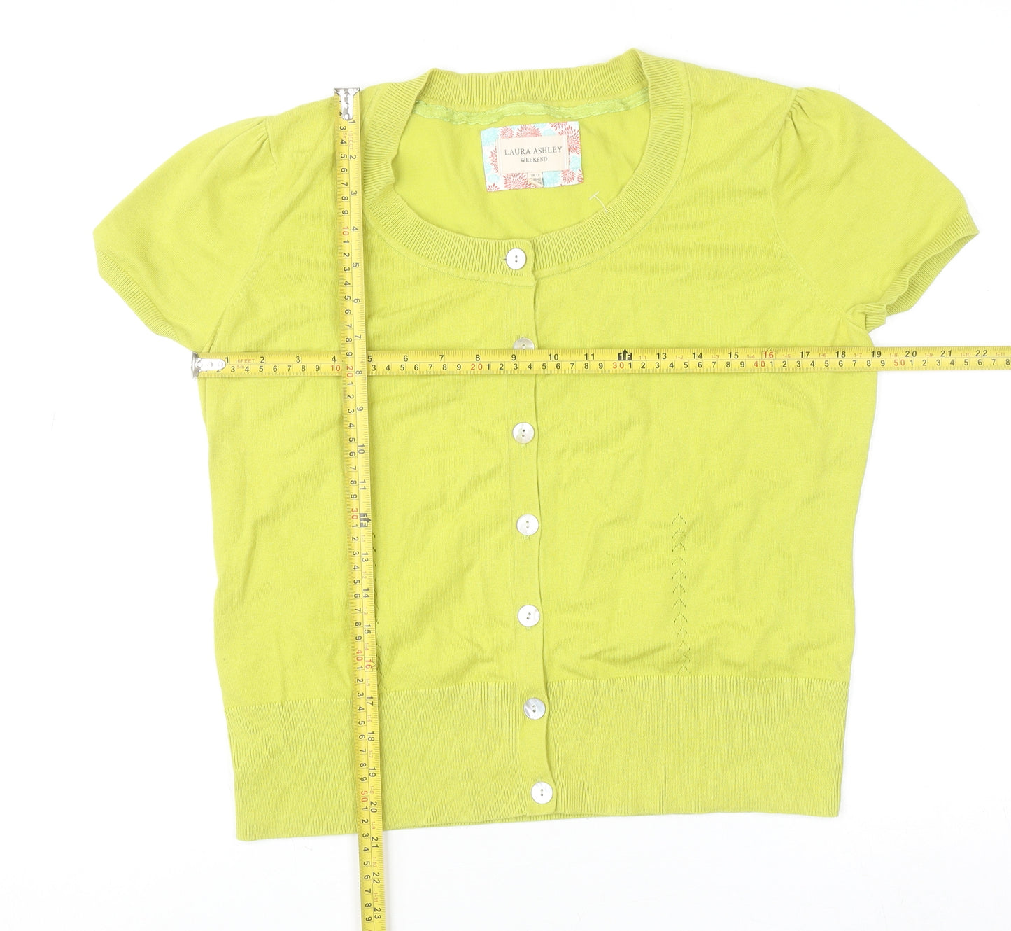 Laura Ashley Women Green Cropped Button-Up Short Sleeve Top Size 14