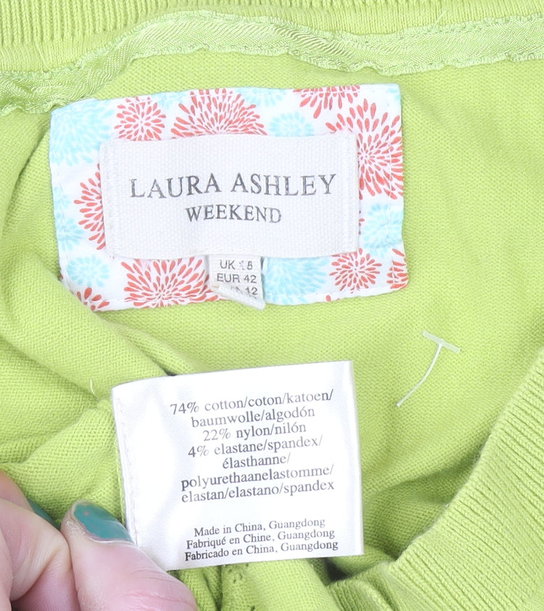 Laura Ashley Women Green Cropped Button-Up Short Sleeve Top Size 14