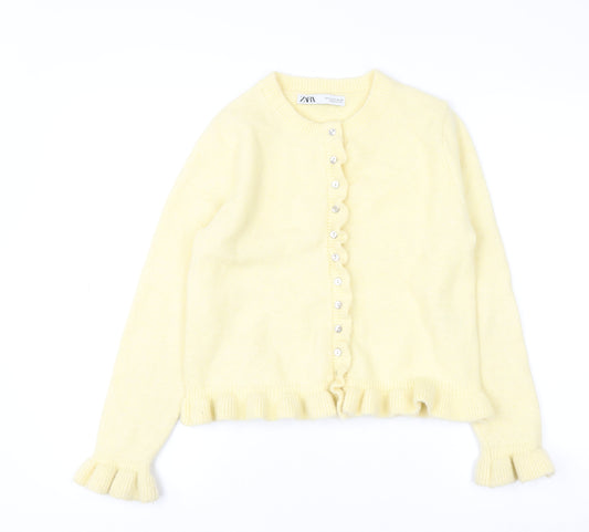 ZARA Women Yellow Cardigan S Long Sleeve Ruffle Trim Knit