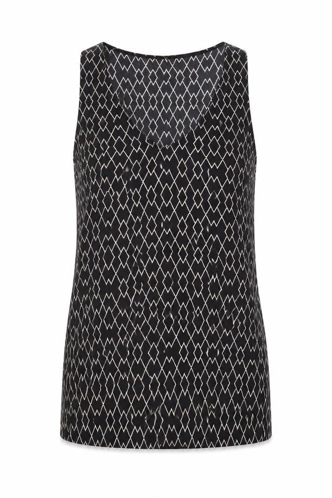 Front view of Witchery Women's Black Geometric Viscose Sleeveless Tank Top, size 14