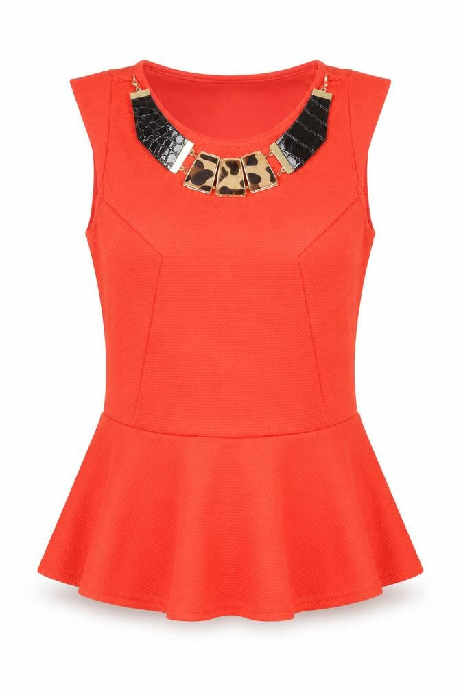 Front view of River Island women’s orange peplum sleeveless blouse, size UK 8