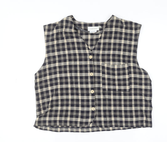 Sasha Women's Blue Checked Sleeveless Cropped Button-Up Top Size 14