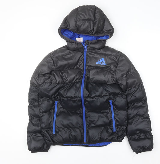 Adidas Boys Black Hooded Puffer Jacket 11-12 Years Full Zip Winter Coat