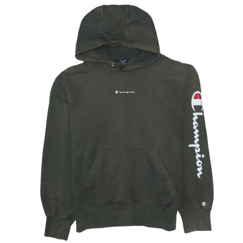 Champion Men's Green Pullover Hoodie L Logo Print Cotton Sweatshirt