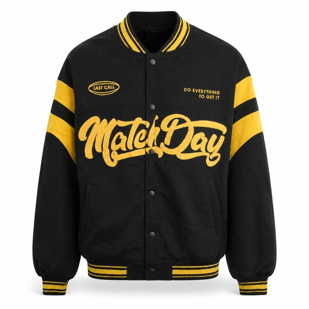 Front view of Bershka men’s black varsity jacket s college style cotton blend