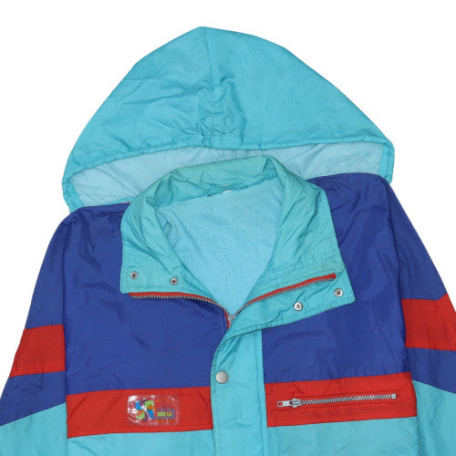 Brugi Women's Blue 90s Hooded Long Parka Jacket M Retro Winter Coat