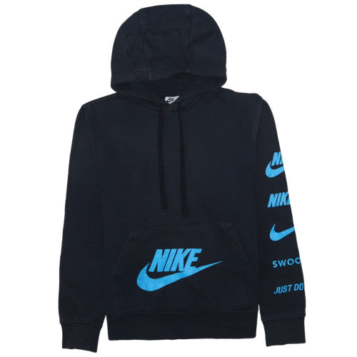 Nike Mens Black XS Pullover Hoodie Blue Logo Graphic Print