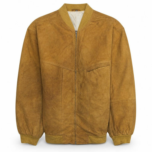 Front view of Barisal men’s brown suede leather bomber jacket lined zip up l