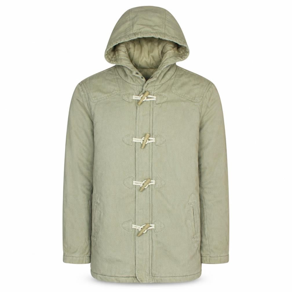 Front view of Collection OWMN Men's Beige Hooded Mid-Length Duffle Coat, size S