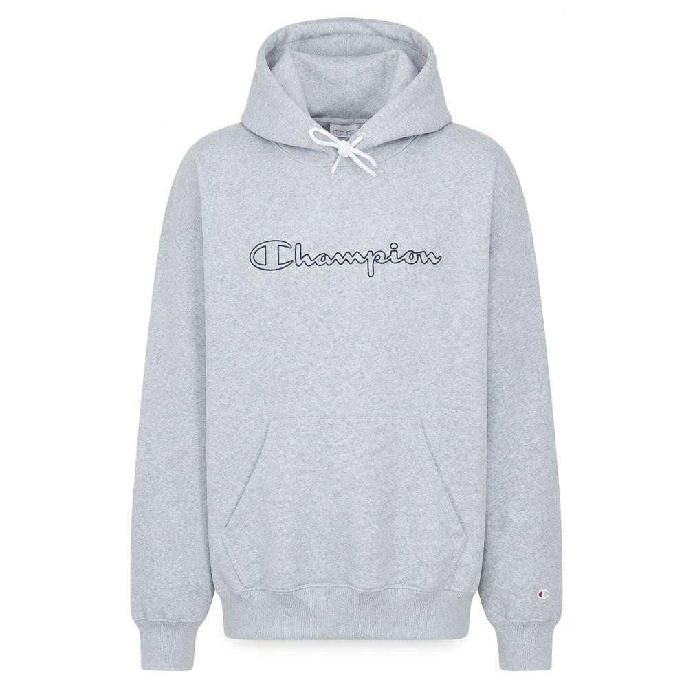 Front view of Champion men’s grey large pullover hoodie with logo