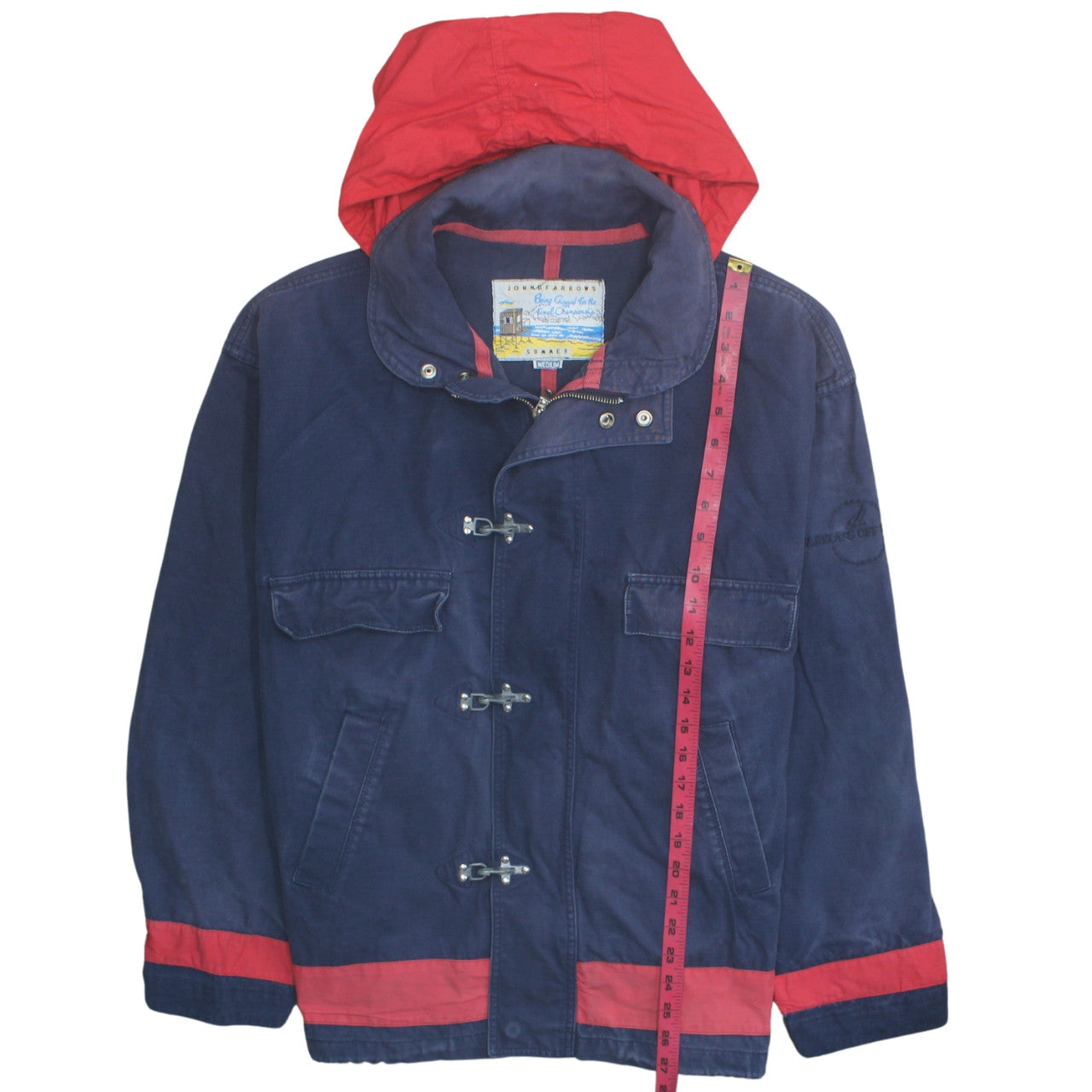 John O'Farrows Men's Blue Red Hooded Parka Jacket Medium Cotton Nautical