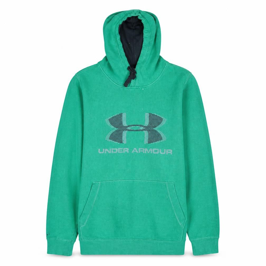 Front view of Under Armour men’s green pullover hoodie m loose fit graphic print