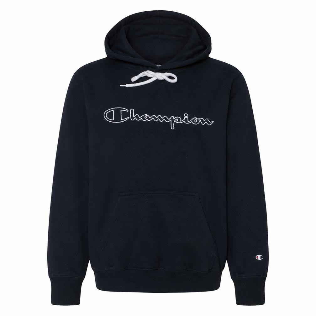 Front view of Champion men’s blue pullover hoodie medium logo fleece sweatshirt