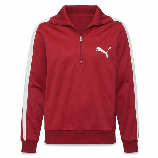 Front view of Puma men’s red 1/2 zip collared sports sweatshirt l vintage