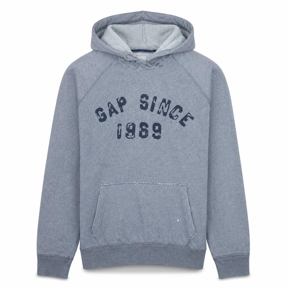 Front view of Gap men’s grey pullover hoodie l logo print fleece sweatshirt