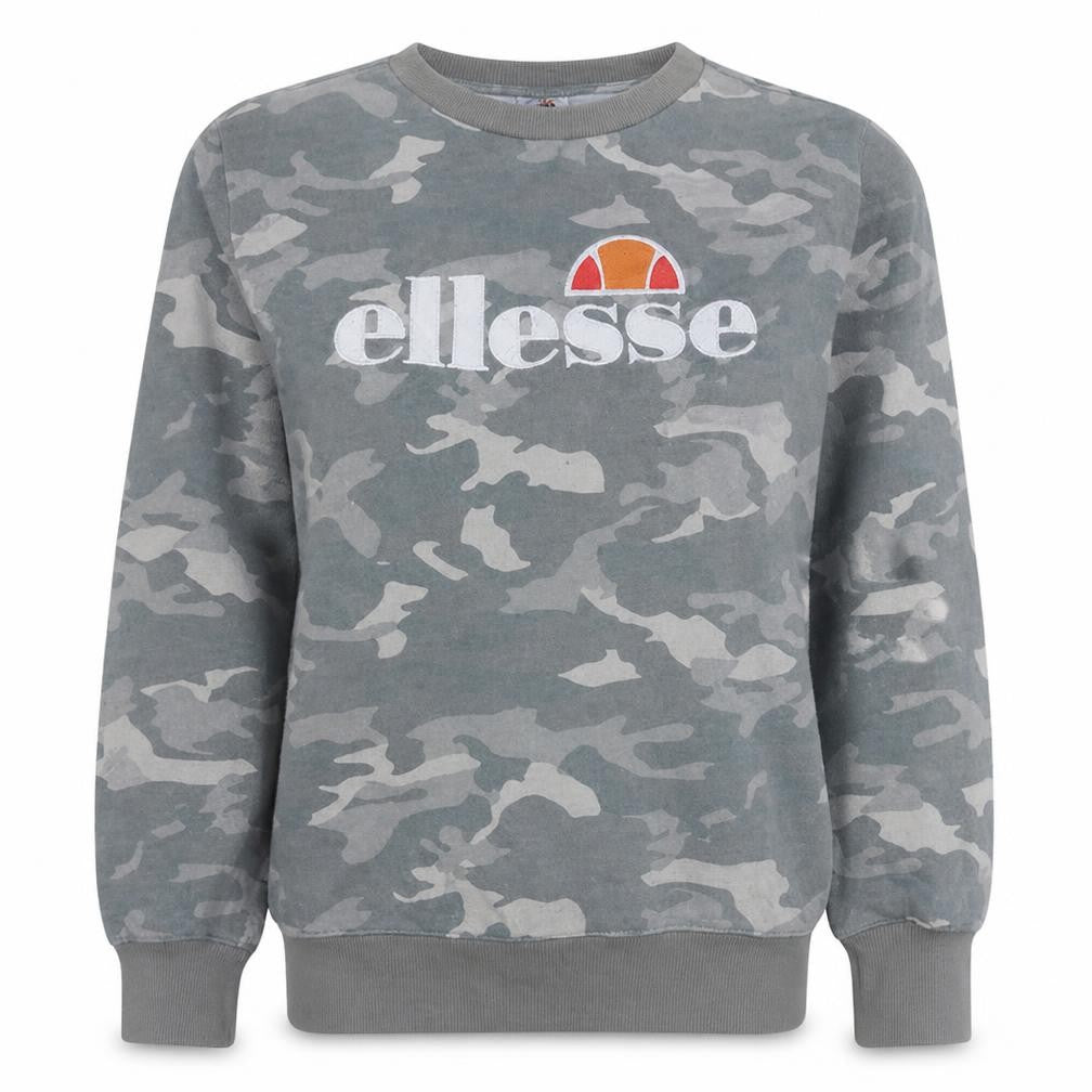 Front view of Ellesse women’s grey camouflage crew neck sweatshirt uk 12
