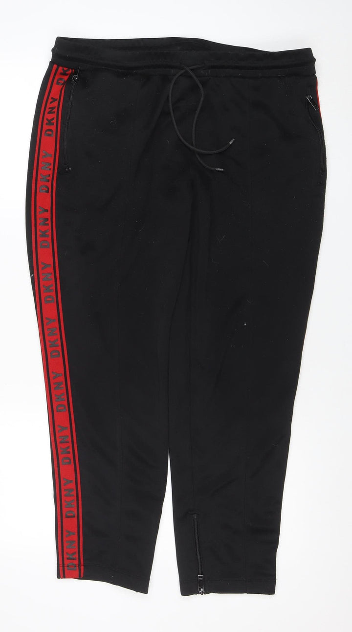 DKNY Men's Black L Track Pants with Red Logo Trim Elastic Waist