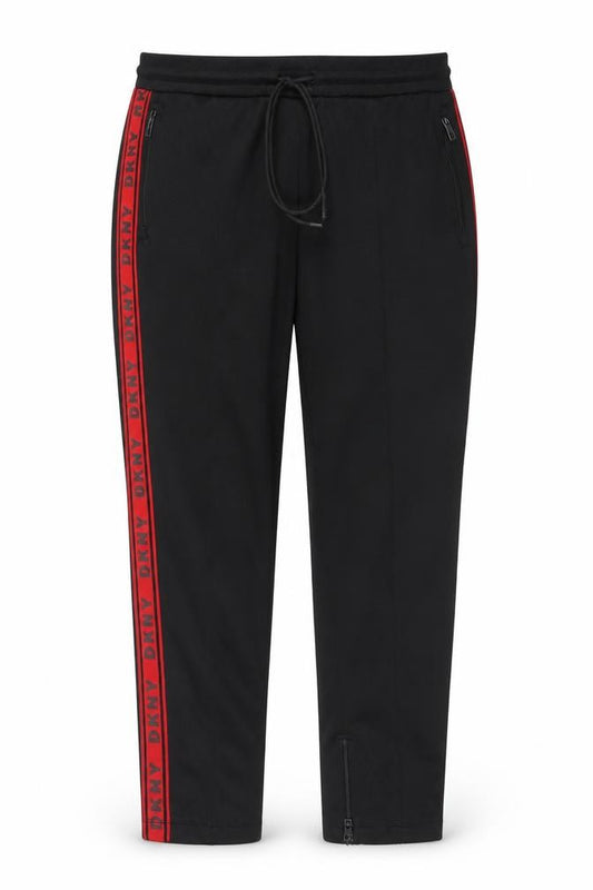 Front view of DKNY Men's Black L Track Pants with Red Logo Trim Elastic Waist