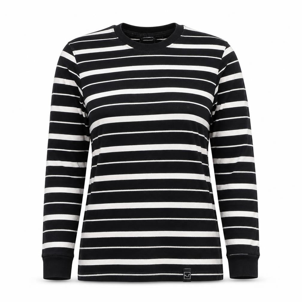 Front view of Pull&Bear Women’s Black Striped Long Sleeve Cotton T-Shirt, size UK 10