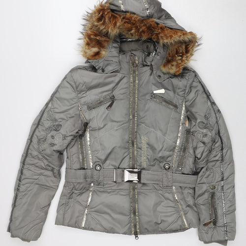 Sportalm Womens Grey Hooded Belted Puffer Jacket Size 8