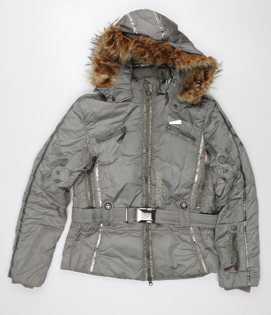 Sportalm Womens Grey Hooded Belted Puffer Jacket Size 8