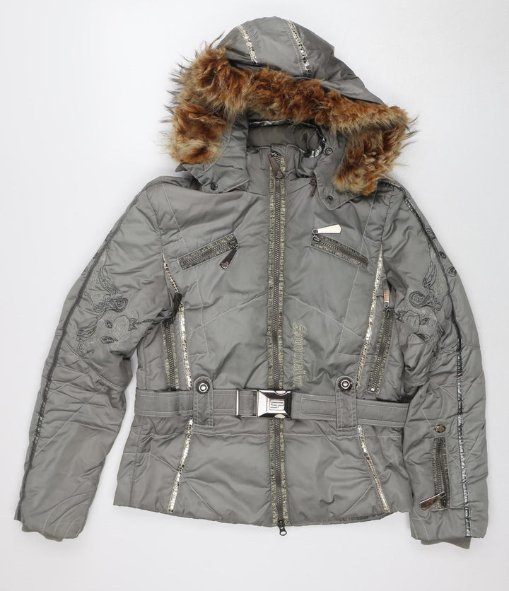 Sportalm Womens Grey Hooded Belted Puffer Jacket Size 8