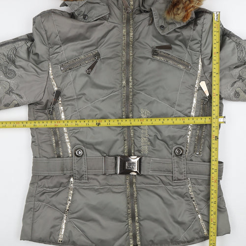 Sportalm Womens Grey Hooded Belted Puffer Jacket Size 8