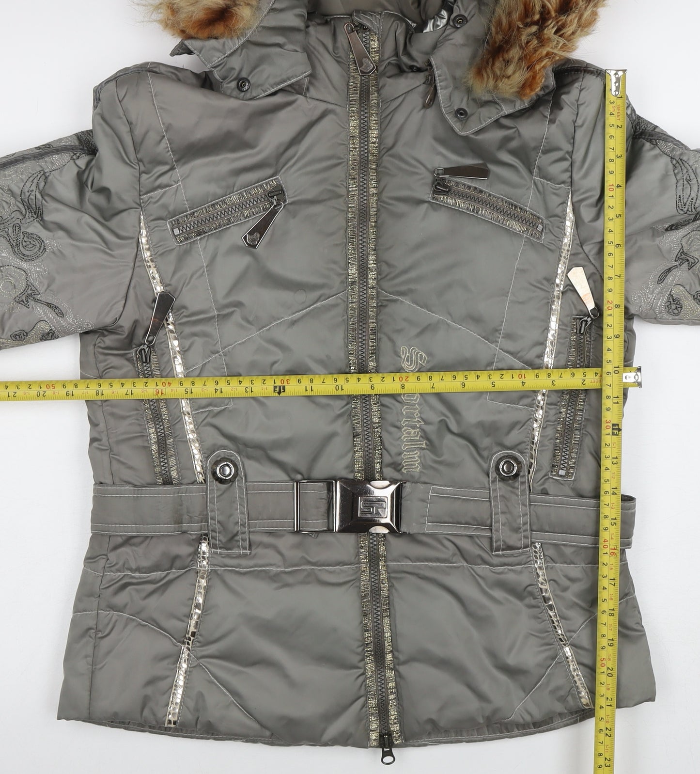 Sportalm Womens Grey Hooded Belted Puffer Jacket Size 8