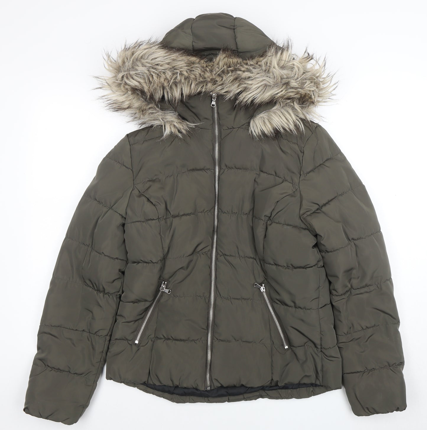H&M Divided Women's Green 14 Puffer Jacket Faux Fur Hooded Winter Coat