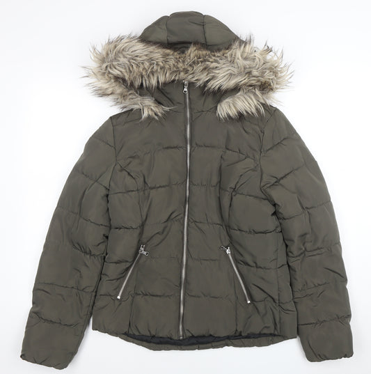 H&M Divided Women's Green 14 Puffer Jacket Faux Fur Hooded Winter Coat