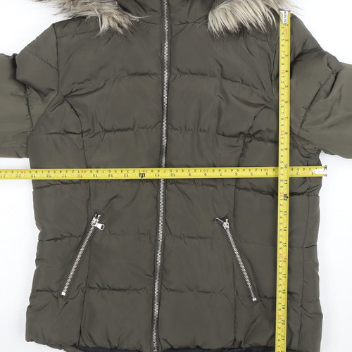 H&M Divided Women's Green 14 Puffer Jacket Faux Fur Hooded Winter Coat