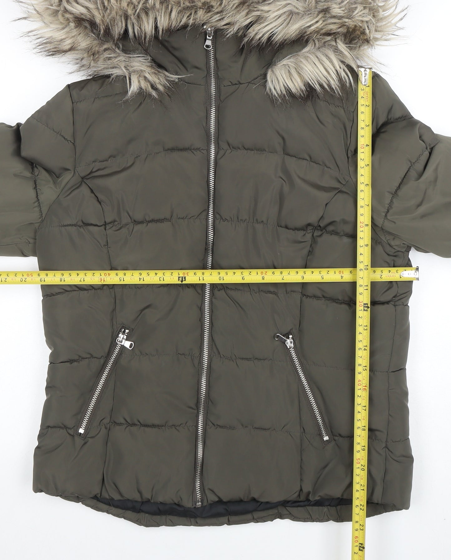 H&M Divided Women's Green 14 Puffer Jacket Faux Fur Hooded Winter Coat