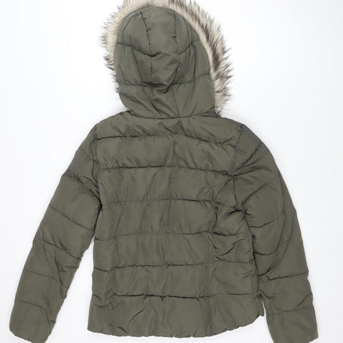 H&M Divided Women's Green 14 Puffer Jacket Faux Fur Hooded Winter Coat