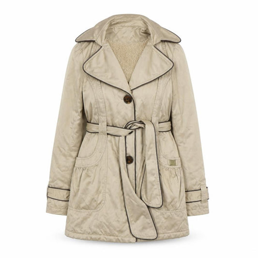 Front view of Lipsy Women’s Beige Trench Coat, size UK 10, Belted Classic Style