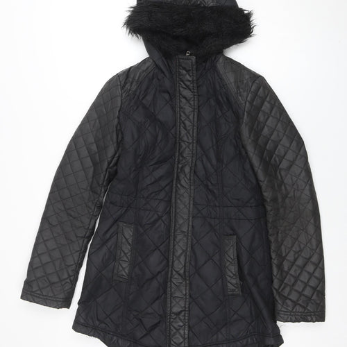 South Women’s Black Quilted Hooded Jacket UK 8 Faux Fur Trim