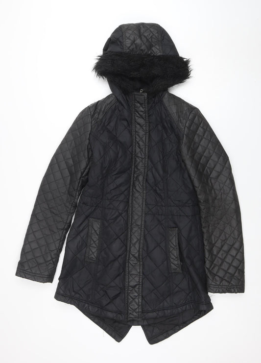 South Women’s Black Quilted Hooded Jacket UK 8 Faux Fur Trim