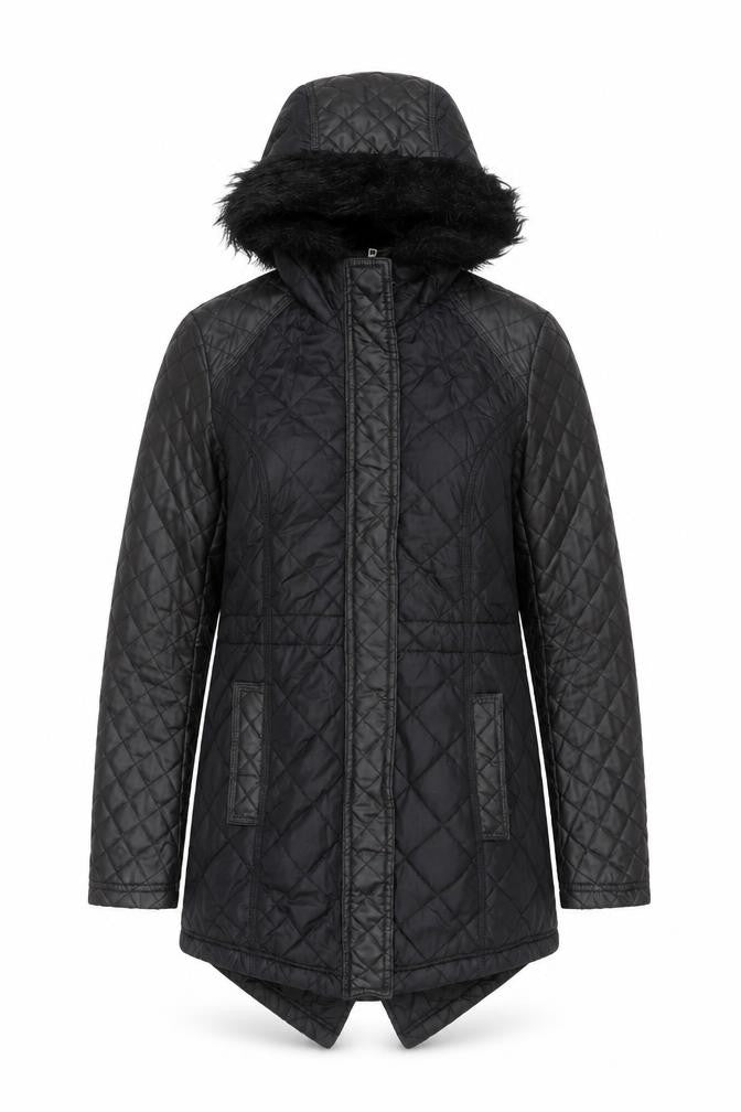 South Women’s Black Quilted Hooded Jacket UK 8 Faux Fur Trim