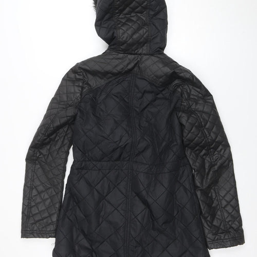 South Women’s Black Quilted Hooded Jacket UK 8 Faux Fur Trim